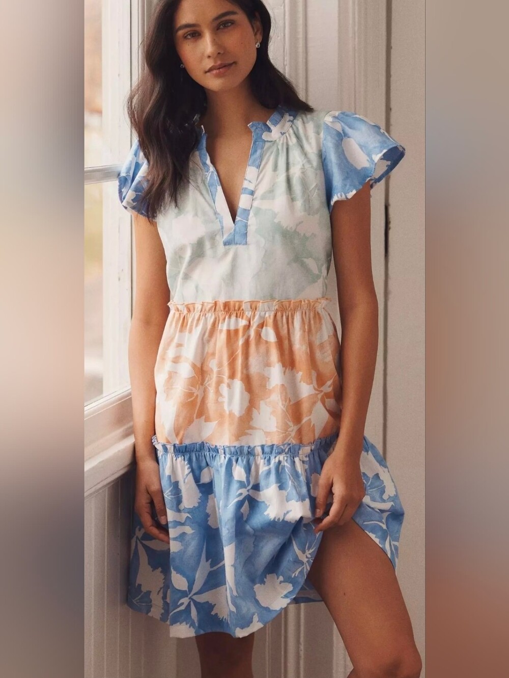 Anthropologie LyreBird Tiered Floral Colorblock Mini Dress